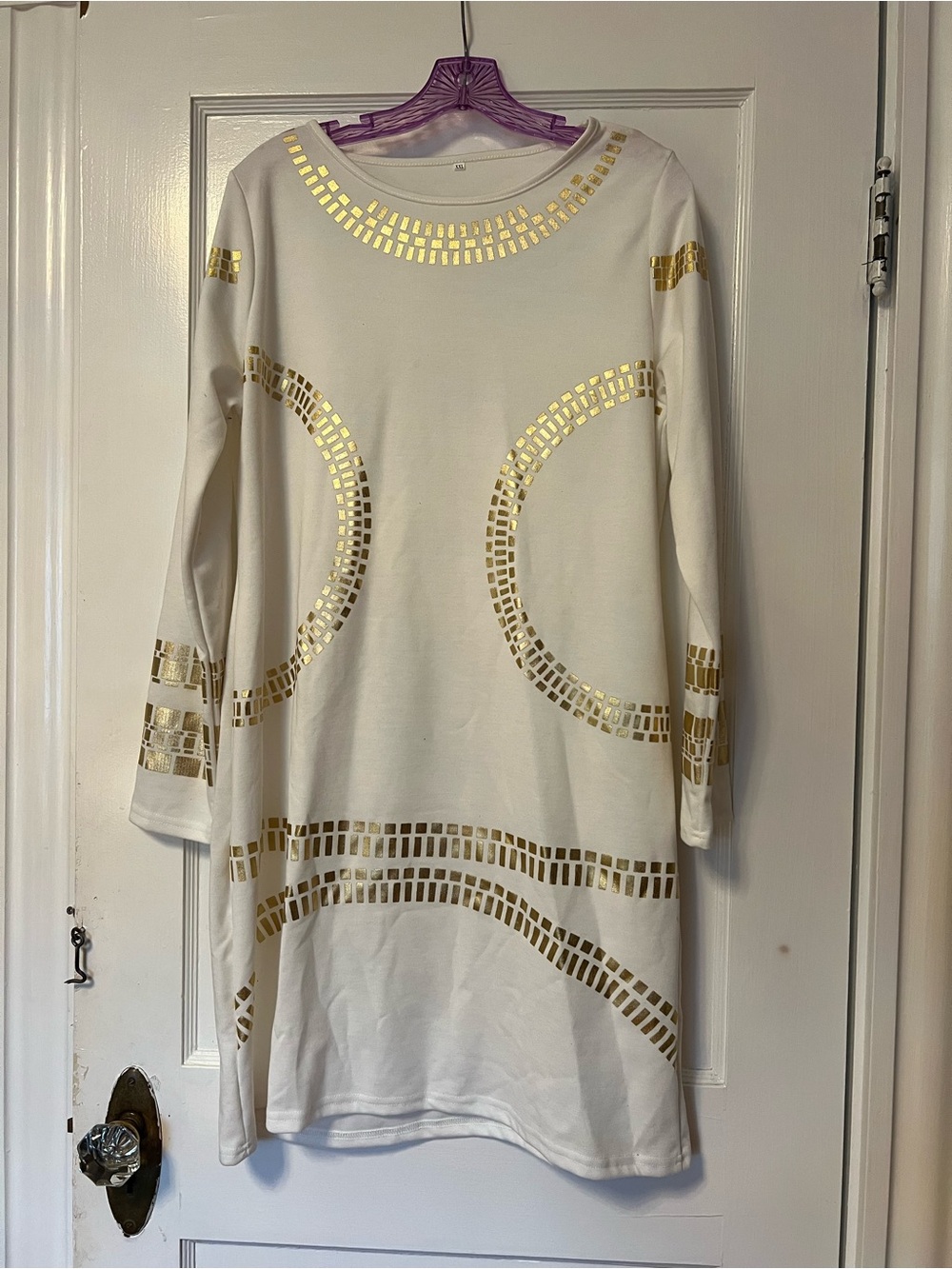 White Dress with Gold Mosaic Detail - Women's Shift Dress